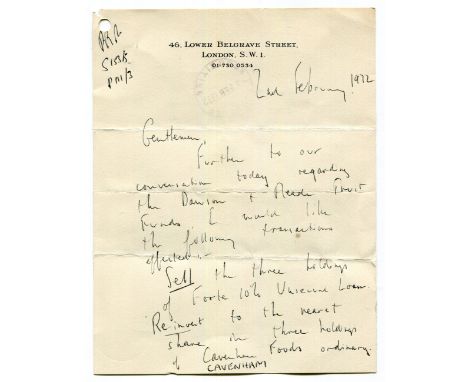 AUTOGRAPH. An autograph letter signed (a.l.s.) by Lord Lucan on 46 Lower Belgrave Street headed paper dated 2nd February 1972