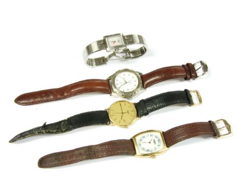 A gentleman's gold plated Longines quartz strap watch, with date aperture, a ladies stainless steel Tissot 1853 bangle watch,