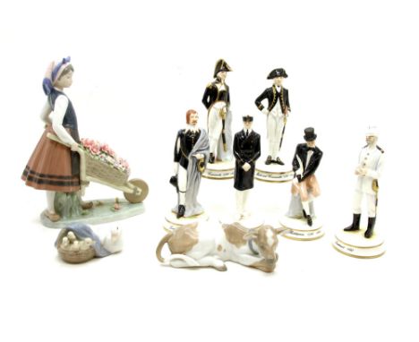A collection of ceramic figures , to include Lladro model 4680, 4895, and 1419, together with a group of six Michael Sutty li