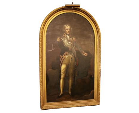 A 19th Century full length portrait of Nelson, in arched gilt repeating leaf moulded frame 214 x 118cm