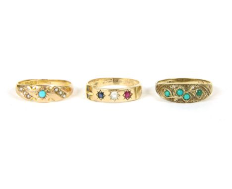 A Victorian 15ct gold turquoise and split pearl ring, 2.61g, size N½, a gold turquoise cabochon band ring, marked 375, size P