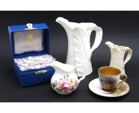 Royal Worcester porcelain to include five leaf jugs , wall pocket, cased fox and salmon, etc