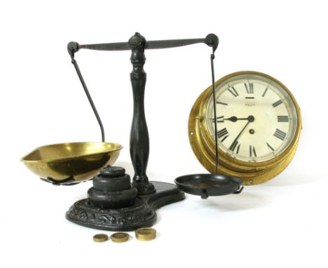 A Smith's brass ship's clock , 28cm deep and a set of scales