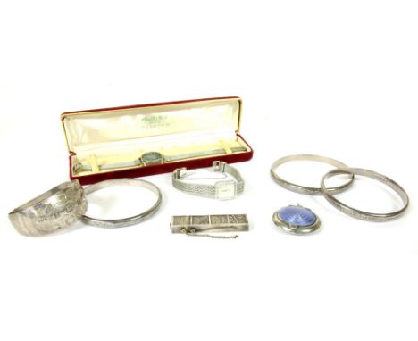 A collection of jewellery, to include a silver purple enamel guilloche compact, a Chinese silver match box/vesta case, decora