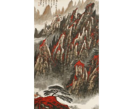 A Chinese hanging scroll, in the style of Li Keran (1907-1989), painted with a mountainous landscape with pine trees and red 