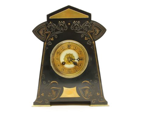 Art nouveau slate mantel clock with brass and gilt embellishment