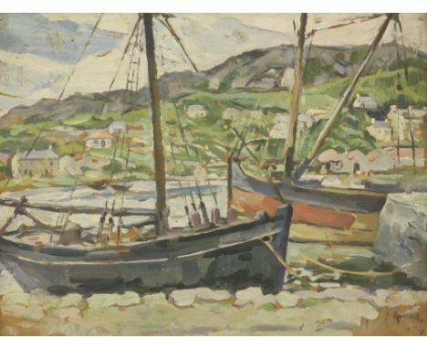 *Alexander Rhind (Scottish, fl.1930-1939) A HARBOUR verso, PORTRAIT OF A WOMAN IN PROFILE Signed l.r., oil on board 43 x 56cm