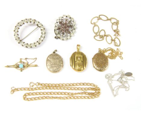 A collection of jewellery, to include a 9ct gold synthetic turquoise and split pearl bar brooch, a gold locket with buckle de