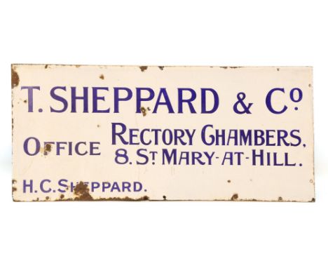 A blue and white enamel sign from Billingsgate Market, ‘T. Sheppard &amp; Co. Rectory Chambers…’ 115 x 53cm