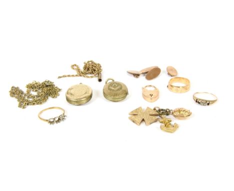 A collection of gold jewellery, to include three rings (all damaged, or stones deficient), 4.88g, a 9ct gold padlock, 3.08g, 