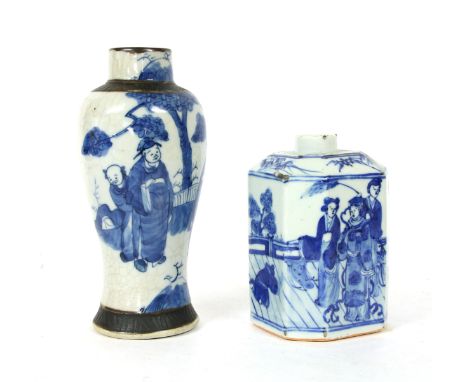 A Chinese blue and white tea caddy , and a blue and white vase