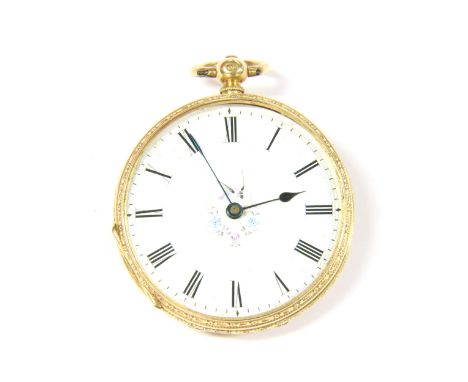 A Continental gold open faced fob watch, white enamel dial with painted motif to centre with Arabic numerals, marked 18k, gla