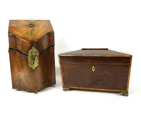 A Regency period burr yew wood sarcophagus shaped tea caddy , with mixing bowl, 32cm wide, 16cm deep, and a George III mahoga