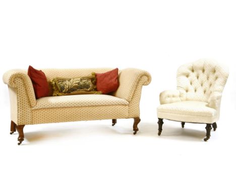 A Chesterfield sofa, and a button back occasional chair, on turned legs