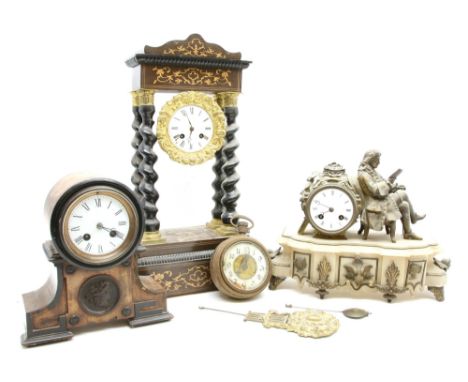 A 19th century portico clock , together with a walnut mantle clock, a gilt metal figural mounted alabaster mantle clock and a