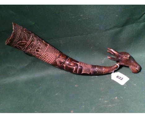 Palm Wine Horn Having A Bronze Animal Head Finial TIKAR, Cameroon 