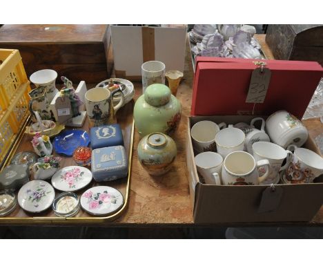 A Qty of decorative ceramics including a Masons " Chartreuse " jug, Wedgwood vase, figural book ends, Wedgwood jasperware tri