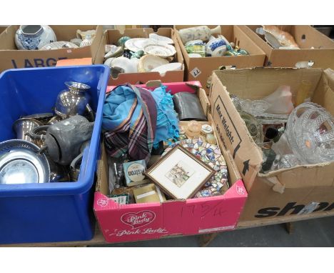 4 Boxes of miscellaneous including a box of plated ware, books, patch boxes, glassware, etc.