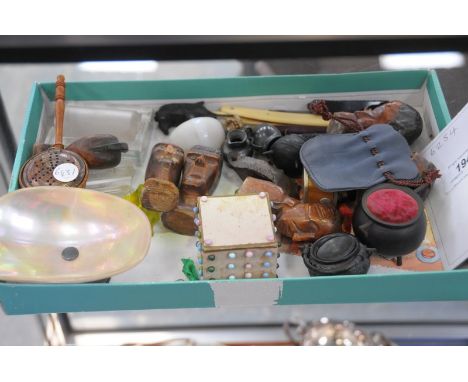 A Box of miscellaneous items including carved bust, a mother of pearl shell dish, miniature items , qty.