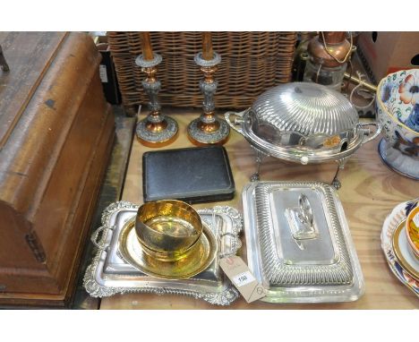 A mixed collection of electroplated items comprising a Victorian swing top bacon dish and a pair of copper and silver plate c
