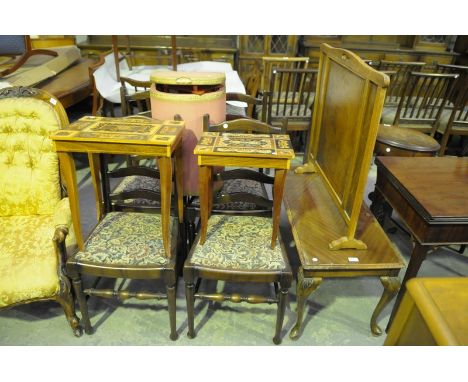 A Qty of furniture including a needlework firescreen , coffee table, four ladder back dining chairs, two musical tables, line