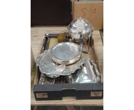 A quantity of silver plated items to include a tea urn raised on paw feet, wine coasters, hot water plates, salvers, hor d'oe