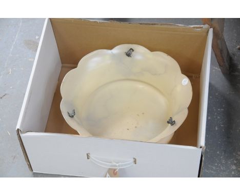 A Victorian style glass light shade fitting of typical swept form with marbled painted decoration, lacking chains.