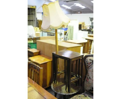 A Nest of three mahogany tea tables , a 1930's oak barley twist circular occasional table and a modern lamp standard.(3)