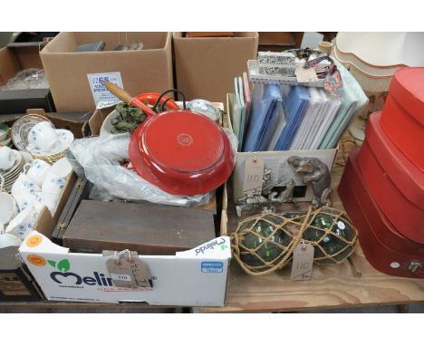 A mixed group of collectable items to include Le Creuset frying pan, various glass jars, figural coat hooks, quantity of wood