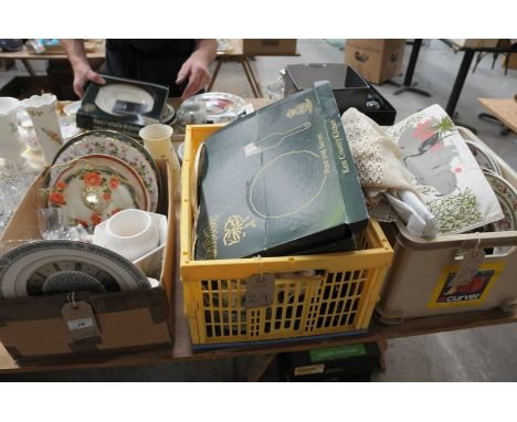 3 Boxes of sundry items decorative tea and dinner wares, Royal Worcester condiment pots, Indian Tree, kitchenalia, etc.