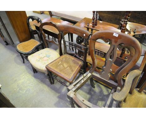 A Pair of Victorian mahogany dining chairs ( lacking seats ), a Victorian mother of  pearl inlaid lacquered bedroom chair and