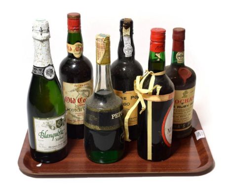 Borges 1980 Vintage Port (one bottle), Rocha's 1964 Ruby Port (one bottle), Old Copper Scotch Whisky, (1960s bottling, one bo