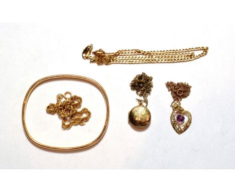 A TV shaped 9 carat gold bangle; two 9 carat gold chains (a.f.); a 9 carat gold amethyst pendant on chain stamped '9CT', pend