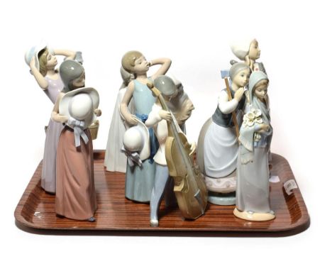 Lladro figures of women and girls, and a boy playing a double bass (10)