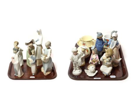 A collection of Lladro and Nao figure groups (some a.f.), Thomas the Tank engine and Bunnykins, children's part tea sets (two