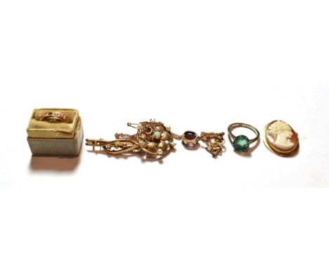 A bar brooch, stamped '15CT', length 3.9cm; a 9 carat gold opal and pearl brooch, diameter 2.3cm; a 15 carat gold ring (a.f.)