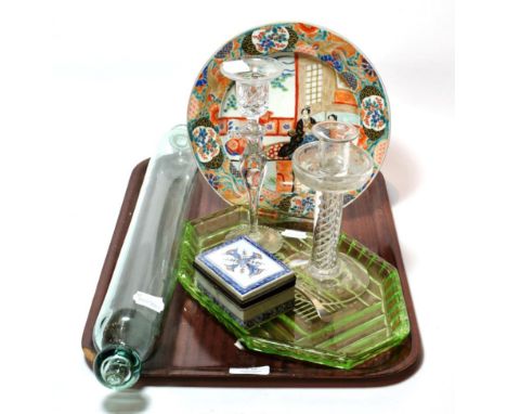 An early 20th century Kutani plate, a Delft metal mounted box, a carnival glass dish, together with a glass rolling pin and t