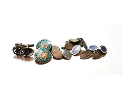 A pair of earrings, with clip fittings; a pair of enamel cufflinks, stamped '925'; two further pairs of cufflinks; and a thre