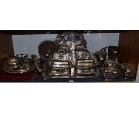 A lot of assorted silver-plate, including: a pair of entree-dishes, cover and stands, each with foliage cast borders, two fee