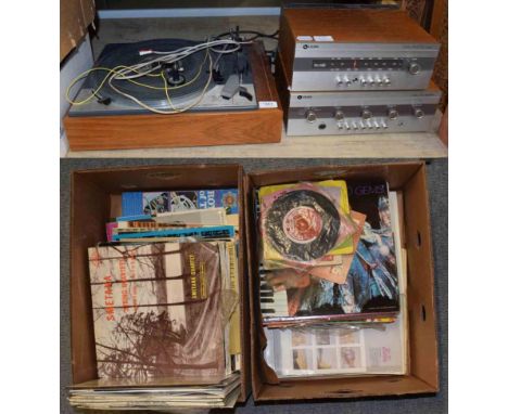 A Goldring Lenco GL75 stereo transcription belt-drive turntable, with a Delta 70 amplifier and Delta AM/FM tuner; together wi