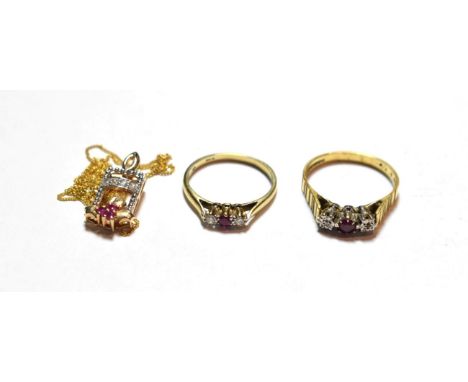 An 18 carat gold ruby and diamond three stone ring, finger size R; a 9 carat gold ruby and diamond ring, finger size O1/2; an