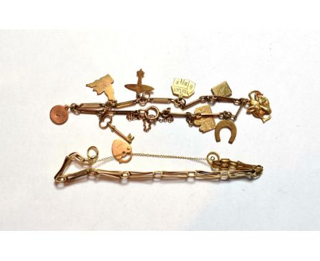 A 9 carat gold gate link bracelet, length 18.5cm; and a charm bracelet stamped '9C', length 20cm .  Gross weight 17.0 grams. 