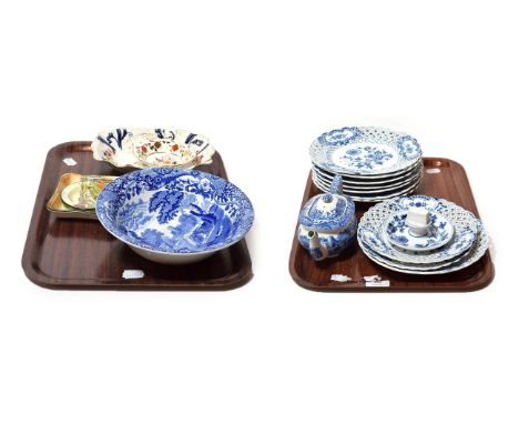 Meissen blue and white plates with pierced borders, Spode dish, teapot and pin dishes etc (two trays)