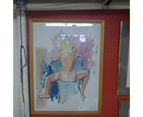 A mixed media portrait of seated nude female monogrammed C.V