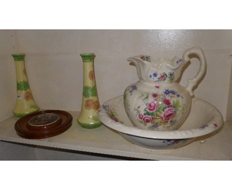 A pot lid, Victorian jug and basin and a pair of Art Nouveau porcelain vases