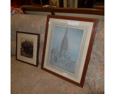 A watercolour pencil sketch of a cathedral framed signed Sagot 68 French