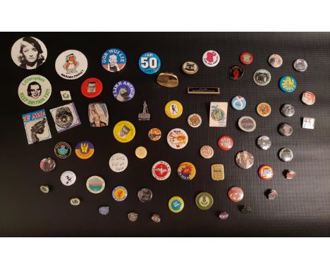 SELECTION OF BADGESincluding some enamel examples, many from 1980s and 90s with Pop culture references 