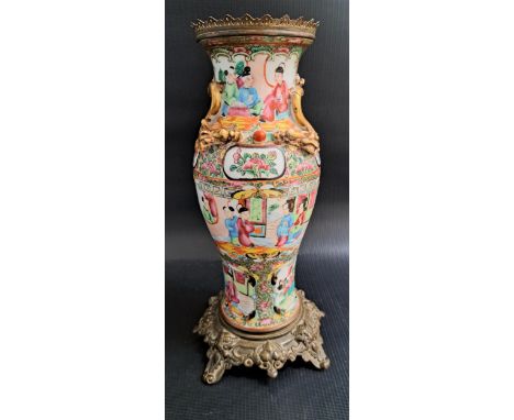 19th CENTURY CANTONESE ENAMEL BALUSTER VASEdecorated with applied gilt dragons and panels with figures, birds and foliage, wi