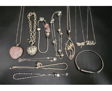 SELECTION OF SILVER JEWELLERY including beaded bracelets, a chain bracelet with a heart charm, a charm bracelet, a rose quart