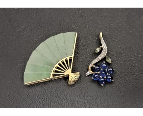 TWO NINE CARAT GOLD PENDANTSone in the form of a fan with carved jade coloured hardstone leaf, 2.8cm high; and the other a fl